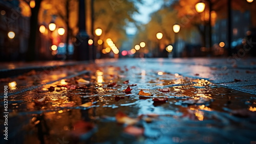 evening wet street asphalt with puddle blurred city colorful neon light ,autumn leaves ,and people walk with umbrellas