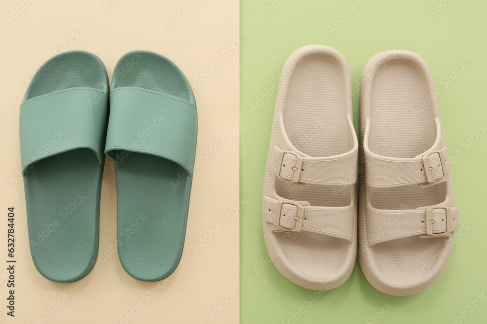 Pairs of flip flops on colorful background Pairs of flip flops on colorful background