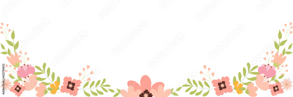 Horizontal white banner grsaa with flower backdrop decorated with gorgeous multicolored blooming flowers and leaves border. Spring botanical flat vector illustration on white background Horizontal white banner grsaa with flower backdrop decorated with gorgeous multicolored blooming flowers and leaves border. Spring botanical flat vector illustration on white background