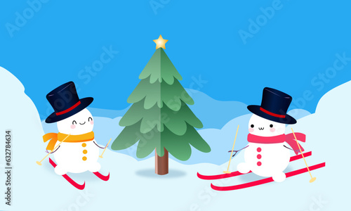 snowman's in  flat style with x mas tree background for  winter card baner poster