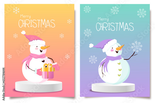 Set of winter holidays snowman in colored hat. Cheerful snowmen in gradient background .  Merry Christmas Snowman icon isolated x mas text