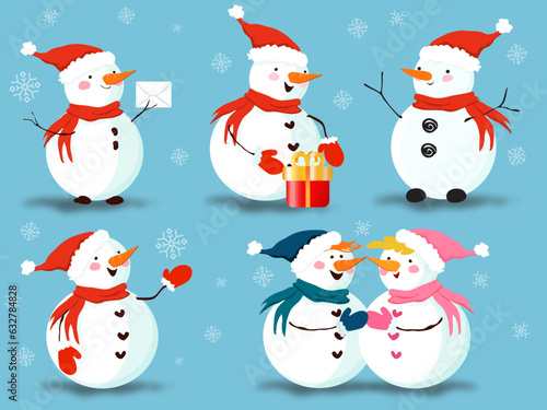Set of winter holidays snowman in red hat. Cheerful snowmen in blue background .  Merry Christmas Snowman icon isolated x mas 