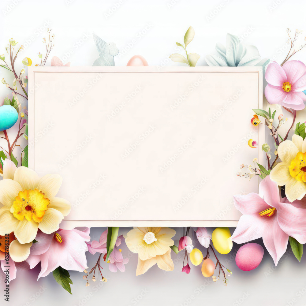 blank empty white poster paper with flower and easter egg decoration background.generative AI