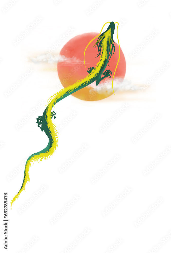 日の出を背景に昇る龍の鮮やかな水彩イラスト Stock Illustration | Adobe Stock