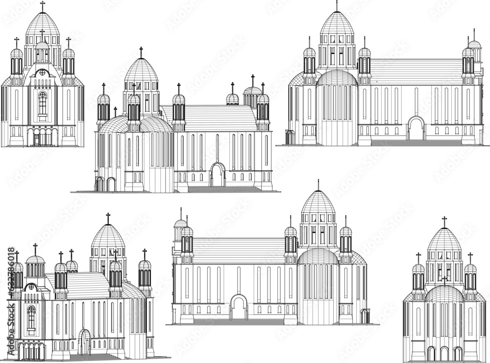 Vector sketch illustration of vintage classic old holy church architectural design with many towers