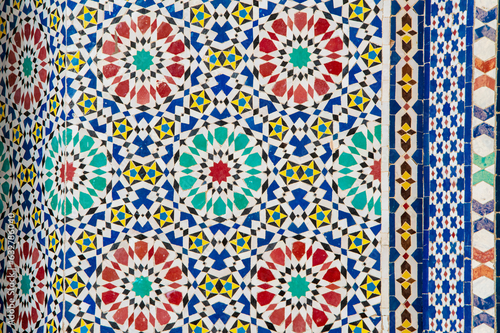 Moorish geometrical patterns tilework details on the The Royal Palace in Fez