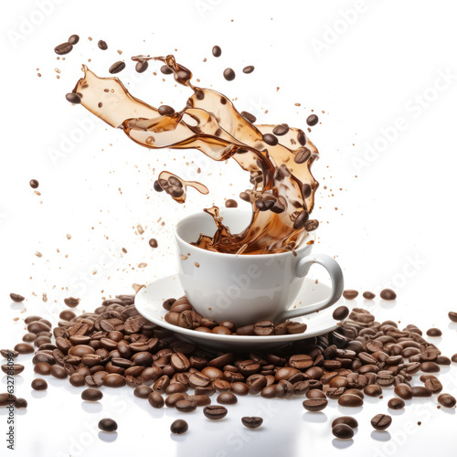 Coffee bean with splash of black coffee form White Cup, clipping path, 