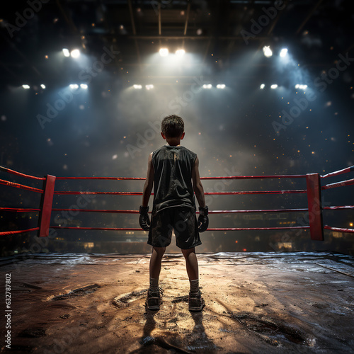 A young boxer is dreaming that he is in the ring with his back turned, lost in dreams and focus. The intensity of the moment is palpable, embodying determination and aspiration. Generative AI