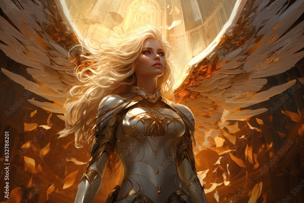 a person with long blonde hair and a black dress with gold wings