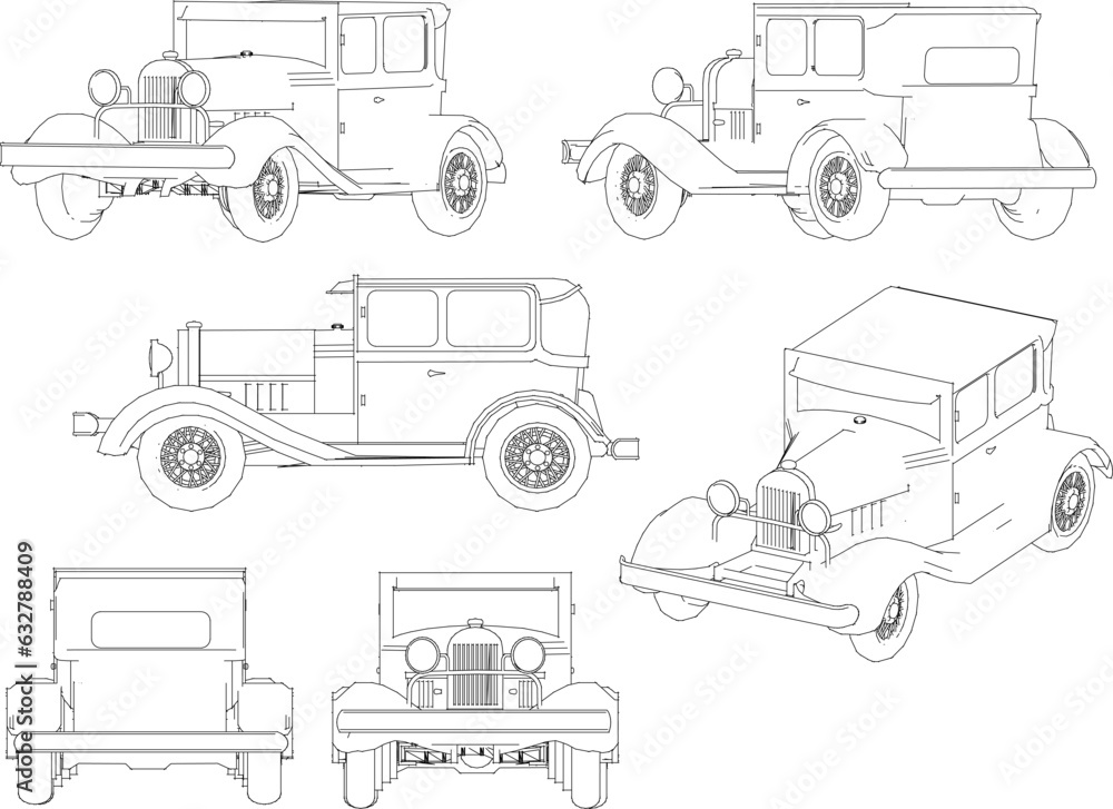 Vector sketch of vintage classic old car design illustration for collection in museum