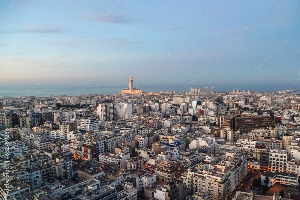 Cityscape by sunset with Casablanca Grand Moche mosque in Morocco