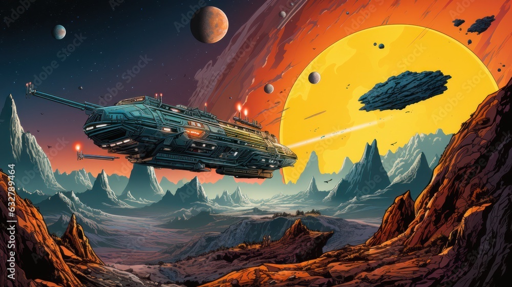 a spaceship flying over a planet a spaceship flying over a planet