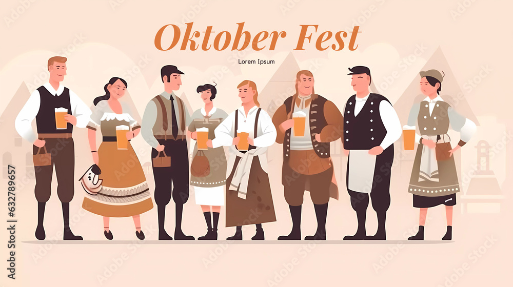 Obraz premium Group Of People wearing traditional clothes drinking beer ,Oktoberfest Celebration. Man And Woman.Flat Vector Illustration.Oktoberfest Festival celebration.