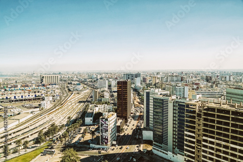 View of the skyline and cityscape of Casablanca city from above before sunset, Morocco