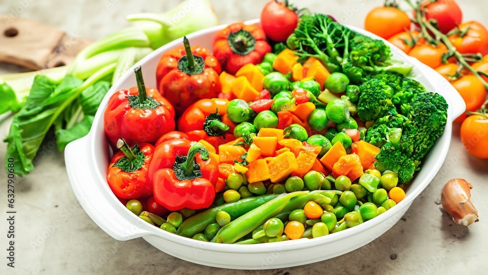 Vegetable salad in a white ceramic bowl on a light background
