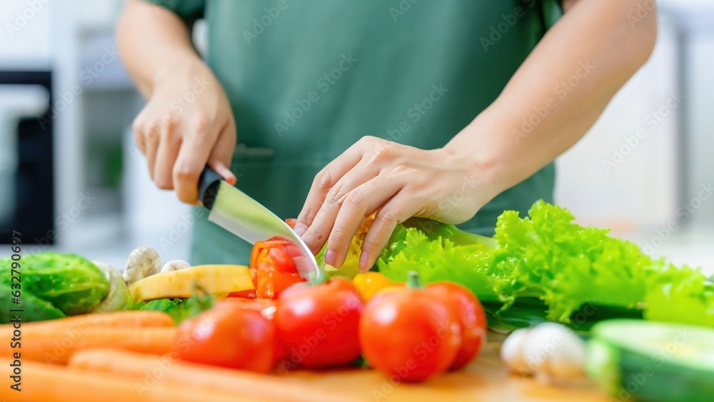 Closeup on woman's hands cutting vegetables in the kitchen at home
