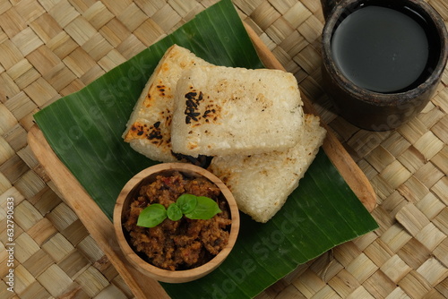 jadah Ketan Bakar or Roasted Glutinous Rice or Sticky Rice, is one of Indonesian traditional food served with sambal oncom and really famous in west java indonesia photo