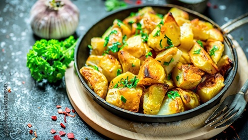 Fried potatoes with herbs in a frying pan on the table.