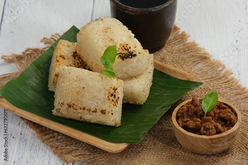 jadah Ketan Bakar or Roasted Glutinous Rice or Sticky Rice, is one of Indonesian traditional food served with sambal oncom and really famous in west java indonesia