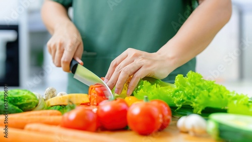Closeup on woman's hands cutting vegetables in the kitchen at home 