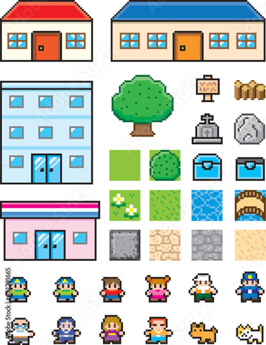 現代RPG風ドット絵　街　俯瞰セット