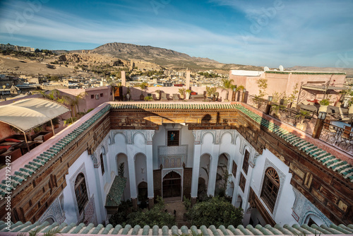 View of Riad in Fes el Bali from above, Medina, Fez, Morocco photo