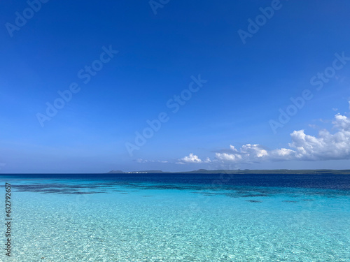 Bright turquoise blue water off the coast of the island of Bonaire in the Caribbean Sea