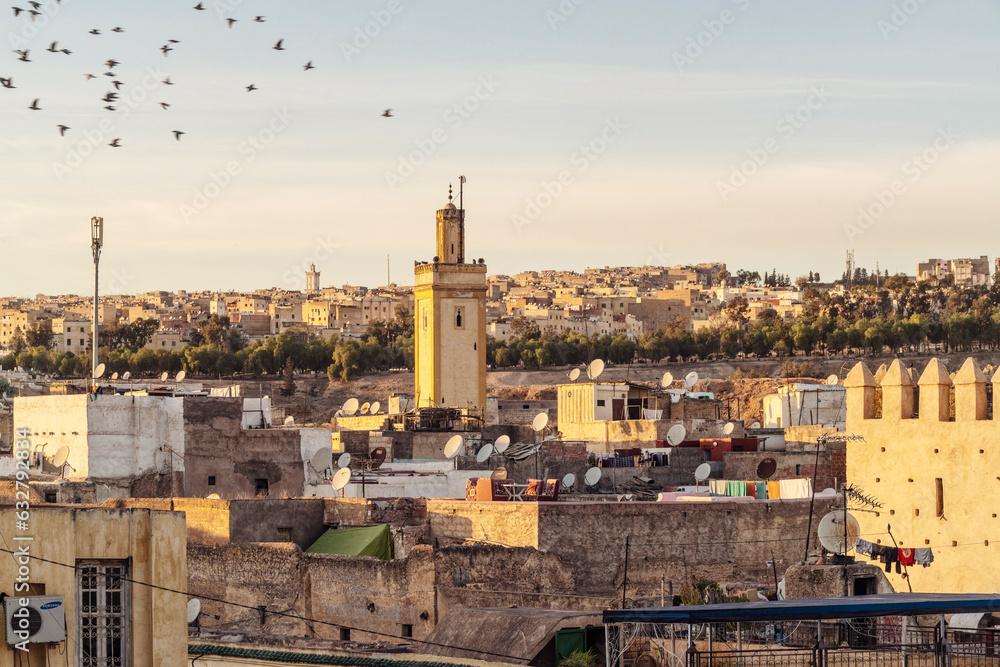 View of sklyline of Medina with Minarets in Medina by sunset, Morocco, Fez