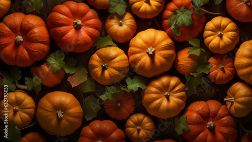Top view of harvest pumpkins background