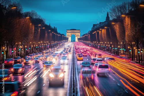 time-lapse photograph capturing the close-up view of traffic on the iconic Champs-Élysées in France, showcasing the bustling atmosphere and dynamic energy of one of the world\'s most famous streets