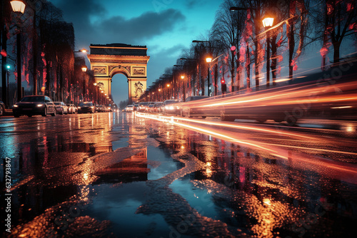 time-lapse photograph capturing the close-up view of traffic on the iconic Champs-Élysées in France, showcasing the bustling atmosphere and dynamic energy of one of the world's most famous streets