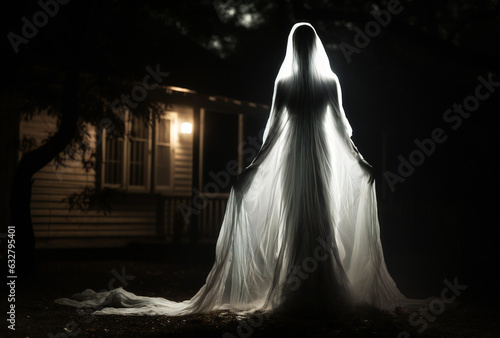 Woman's Ghostly Image in Front of House, Halloween Ambience