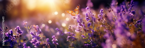 wild flowers on field at morning dew drops and butterfly nature landscape 