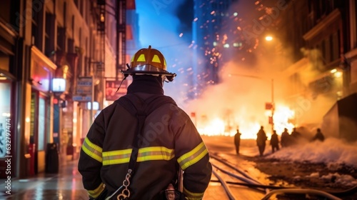 focused firefighter responding to an emergency in a bustling city generative ai