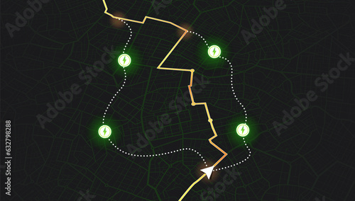 Location charging station on parking lot with fast supercharger station. Path turns and destination tag or mark. Huge city top view. Tracking path and route planning from home Black backgrougnd vector