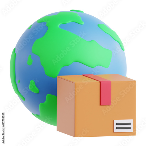 3D illustration of global shipping with a package icon