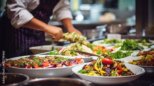 chef preparing a gourmet meal in a bustling restaurant kitchen generative ai