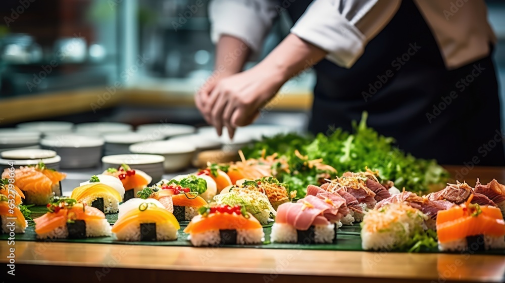 sushi chef preparing sushi in a restaurant, generative ai