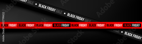 Black Friday banner sale design with tape ribbon Red and Black on black background. Vector illustration.