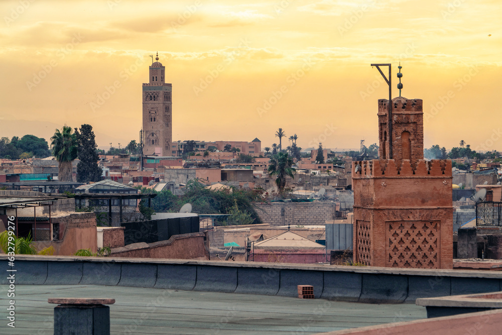 View of the urban cityscape and skyline of Medina with minarets in Marrakesh, Morocco
