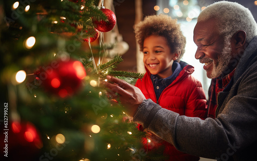 Smiling senior black african american dark-skinned grandfather and his grandson decorating a Christmas tree