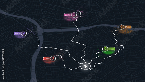 IMap city with gps pins. Direction markers for navigation. Street, road, park. Destinations sing along the path. Alternative way with location system. Urban map with pointers. Vector, Black background photo