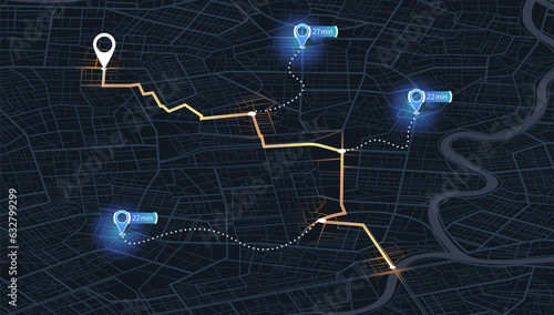 Map city with gps pins. Direction markers for navigation. Street, road, park. Destinations sing along the path. Alternative way with location system. Urban map with pointers. Vector, Black background