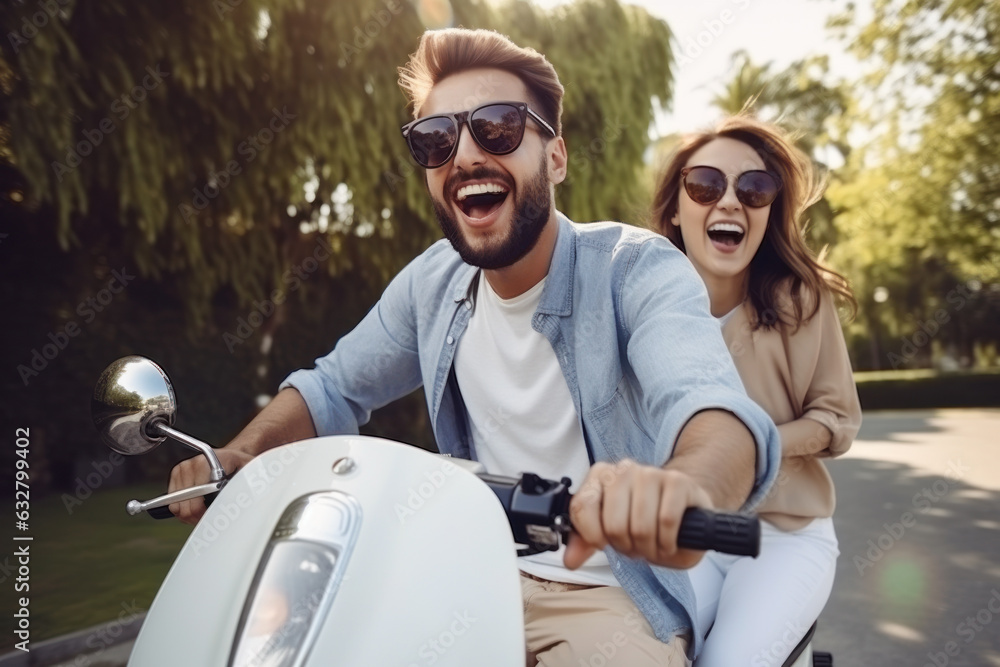Naklejka premium The couple is riding a motorbike and laughing.