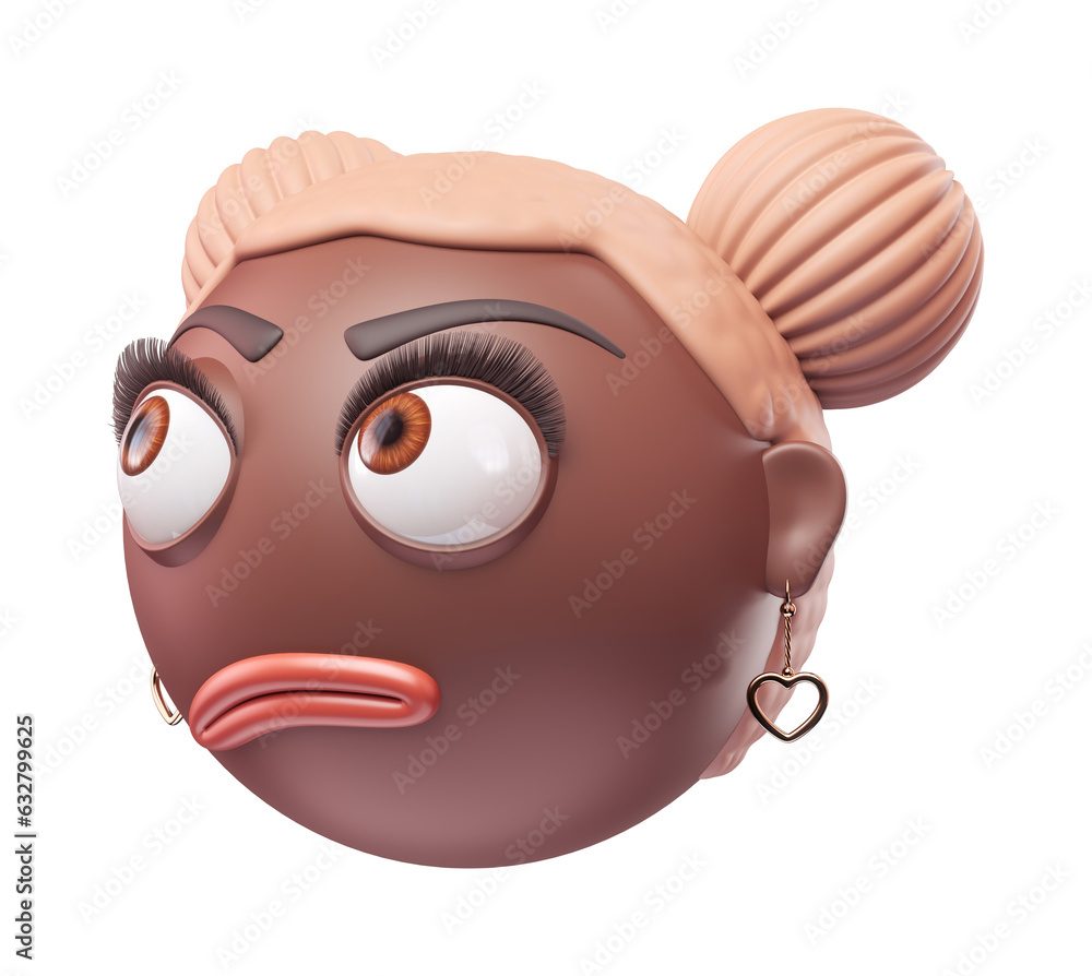 Emoji face with rolling eyes of glamour black african american woman. Cartoon smiley on transparent background. 3D render right view Emoji face with rolling eyes of glamour black african american woman. Cartoon smiley on transparent background. 3D render right view