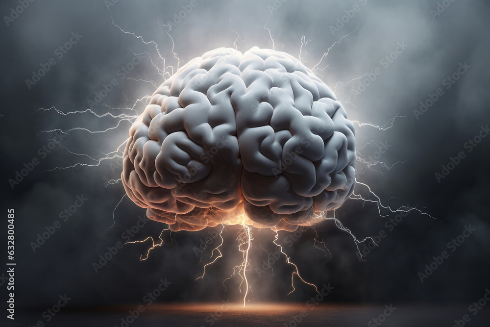 A brain clouded with thunder and lightning bolts