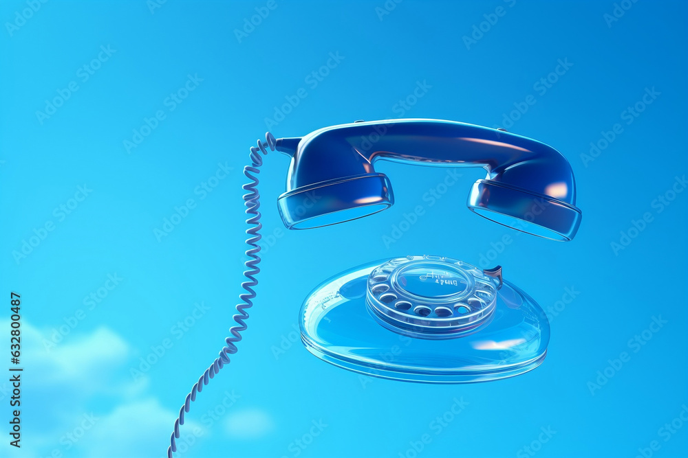 A dial wired telephone floating on a blue background