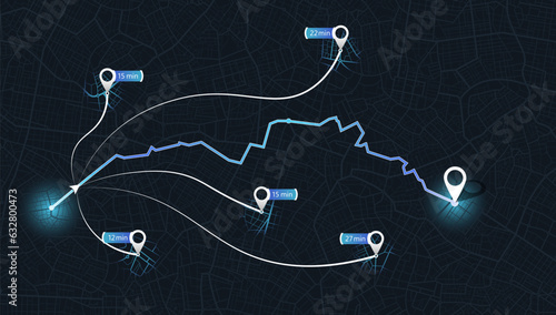 Map city with gps pins. Street, road,. Alternative way with location system. Urban map with pointers. Vector, Black background Urban map with information pointers, signs, arrows. Vector illustration.