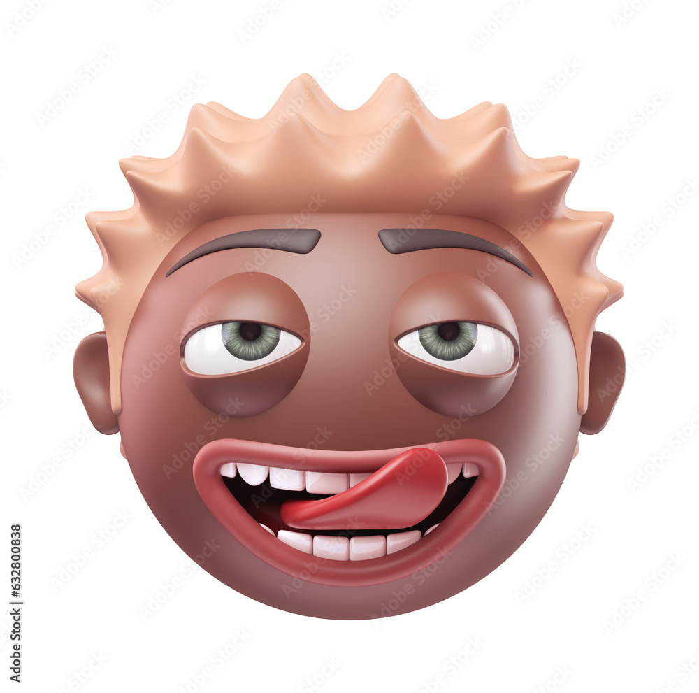 Emoji face savoring food of funny black african american man. Cartoon smiley on transparent background. 3D render front view