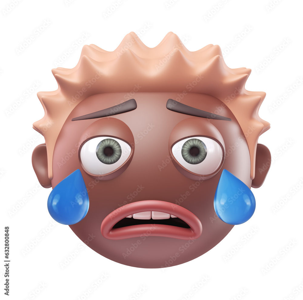 Emoji crying face of funny black african american man. Cartoon smiley on transparent background. 3D render front view Emoji crying face of funny black african american man. Cartoon smiley on transparent background. 3D render front view